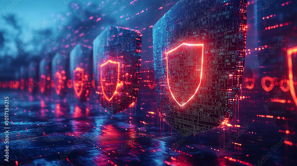 Obraz premium AI powered cybersecurity shields protecting digital data networks in futuristic landscape