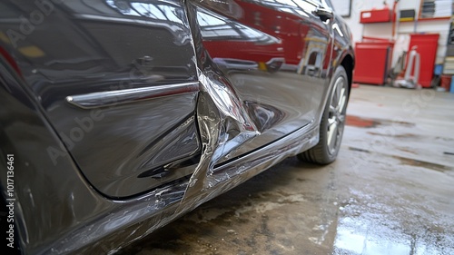 A skilled auto body repair specialist works meticulously on a car's dented fenders, aiming for a flawless restoration. Capturing the precision and dedication in the auto repair process.