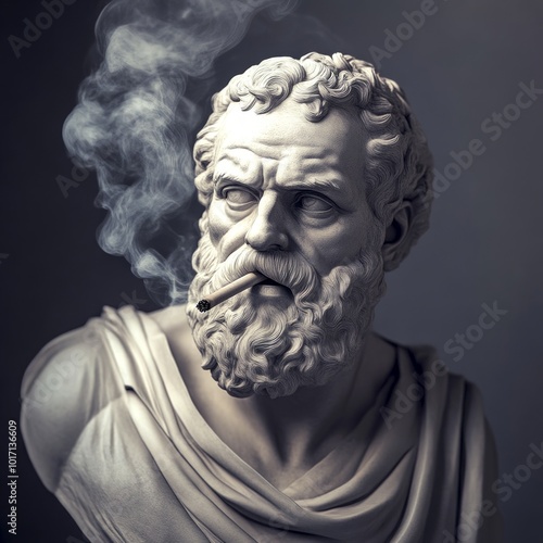 A stunning bust of an ancient philosopher captures profound thought. The smoke adds a modern layer to the classic style. Ideal for art and philosophy enthusiasts. AI