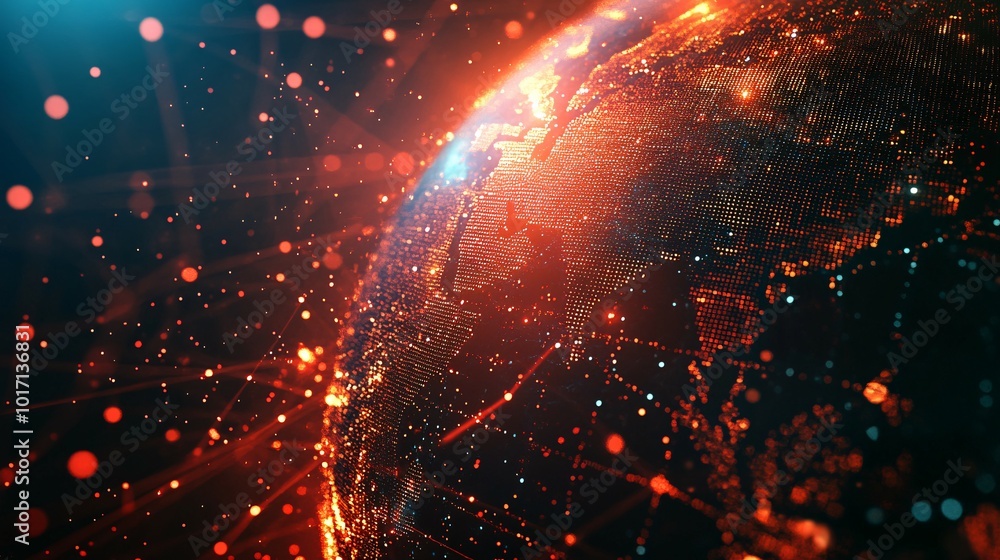 Fototapeta premium A digital, glowing, red and blue earth globe with a network of lines and dots