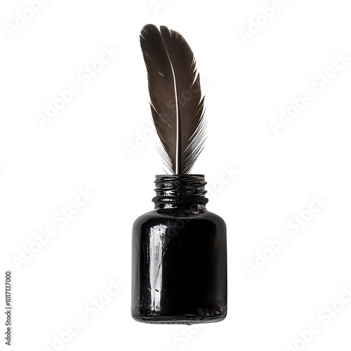 Vintage quill pen in ink bottle isolated on white background, symbolizing classic literature and artistic creativity. photo