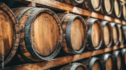 A close-up view of stacked wooden barrels, showcasing their rustic texture and craftsmanship in a storage area.