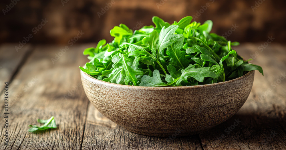 A bowl of vibrant arugula leaves sits on a weathered wooden table, showcasing its fresh texture and rich green color. A bowl of vibrant arugula leaves sits on a weathered wooden table, showcasing its fresh texture and rich green color.