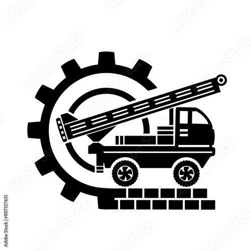 Vector illustration, icon, logo of a car and a drilling rig. The construction industry.  Isolated on a white background.