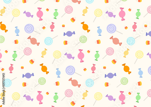 Cute colorful candies and lollipops pattern background. Pattern for sweet candy wallpaper, textile, wrapping paper. Halloween candies trick or treat concpet. Flat vector illutration.