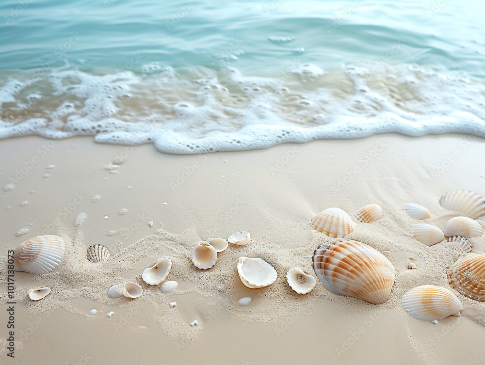 A stunning view of the beach with scattered sea shells A stunning view of the beach with scattered sea shells