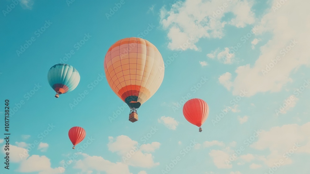 Three Colorful Hot Air Balloons Drifting in a Blue Sky Three Colorful Hot Air Balloons Drifting in a Blue Sky
