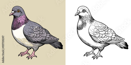 Pigeon Cartoon Character Coloring Page Design Featuring Adorable Bird Outline Fun Urban Wildlife Art Playful Feathered Creature Creative and Relaxing Drawing Activity for All Ages photo