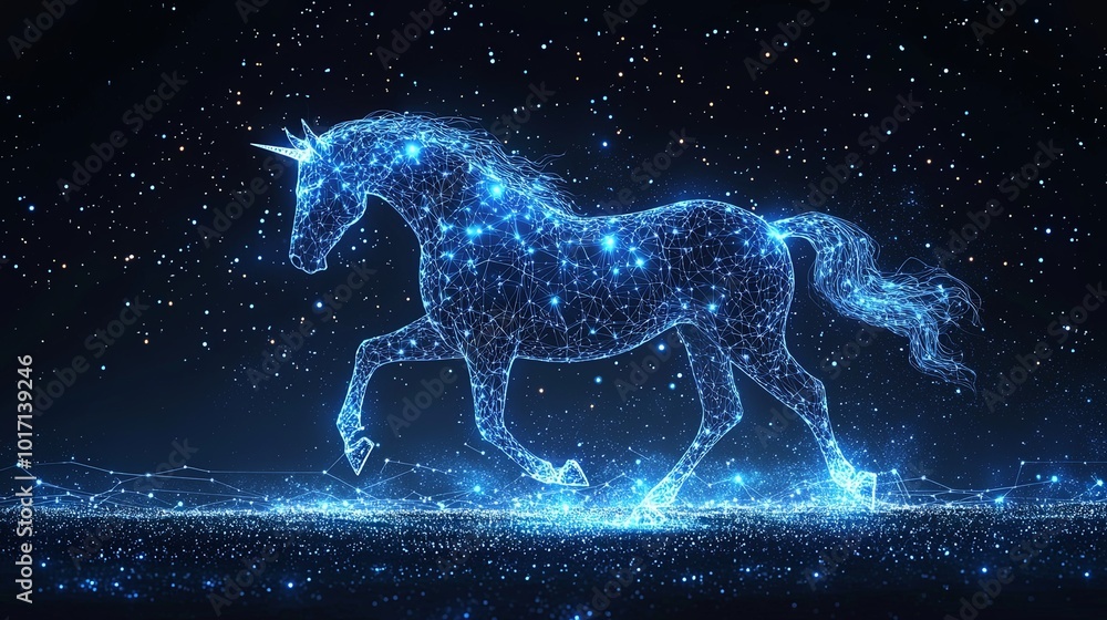 A mythical unicorn prances across a digital starlit realm, embodying the fusion between fantasy lore and modern digital art in a captivating, ethereal display. A mythical unicorn prances across a digital starlit realm, embodying the fusion between fantasy lore and modern digital art in a captivating, ethereal display.