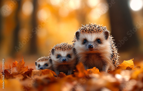 A trio of hedgehogs wanders through colorful autumn leaves in a serene forest, enjoying their natural habitat in the afternoon light.