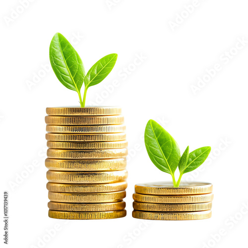 Stacked golden coins with green plant sprouts symbolize growth, investment, and sustainability. Ideal for finance and eco-friendly concepts.