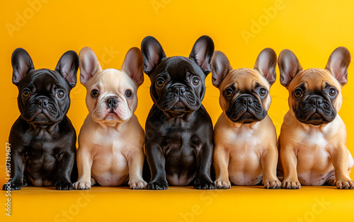 Five French bulldogs of different colors sit together against a vibrant yellow background, showcasing their playful expressions. photo