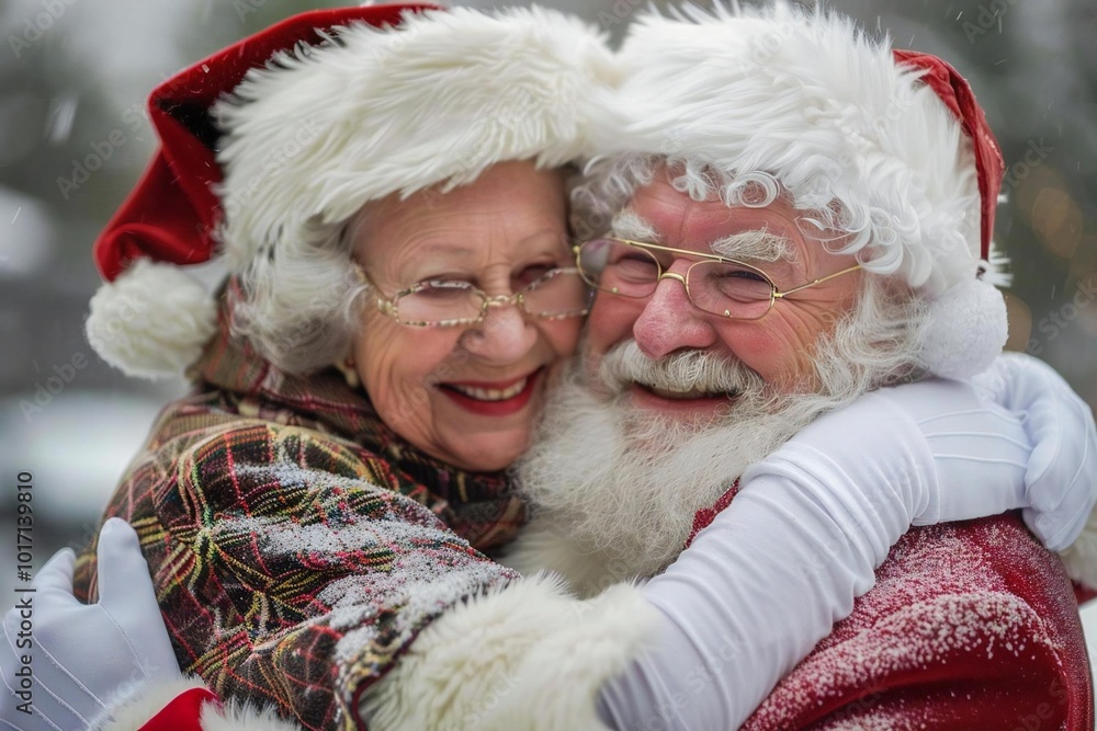 Obraz premium Santa Claus embracing outdoors with Mrs. Claus.