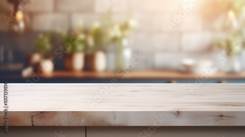 Blank Wooden Table With Blurry Kitchen Backdrop Perfect For Showcasing Your Products