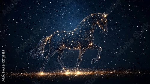 An artistic digital depiction of a horse outlined by glowing yellow constellations, symbolizing creativity and movement set against a space-like backdrop.