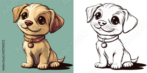 Puppy in a Collar Cartoon Character Coloring Page for Kids Featuring Adorable Young Dog Outline Fun Pet Animal Art Playful Canine Creature Educational Drawing Activity for Children