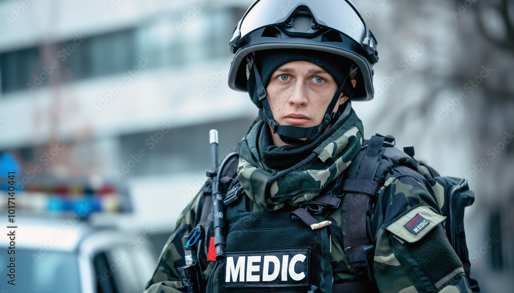Man in heavy protective camouflage clothing and helmet. Military or police paramedic. Generative AI Man in heavy protective camouflage clothing and helmet. Military or police paramedic. Generative AI