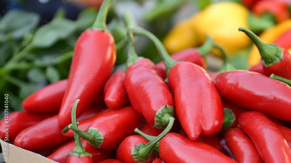 A bunch of bright red chili peppers are close up. They look smooth and ripe, ready to bring some heat to your food. A bunch of bright red chili peppers are close up. They look smooth and ripe, ready to bring some heat to your food.