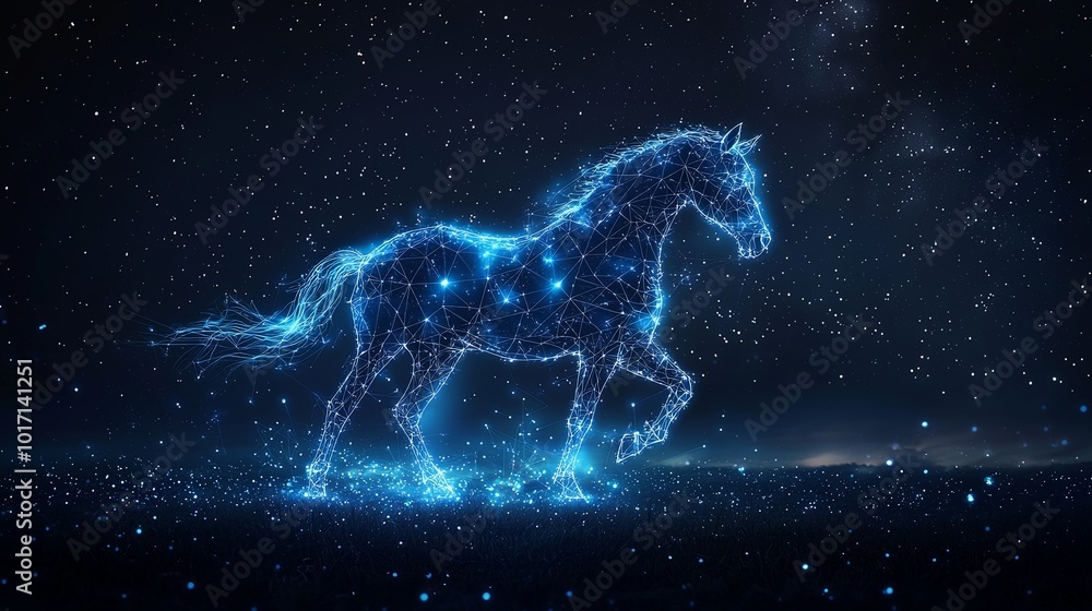A luminous blue horse prancing against a backdrop of a starry night, crafted with intricate network patterns showcasing elegance and grace in digital art. A luminous blue horse prancing against a backdrop of a starry night, crafted with intricate network patterns showcasing elegance and grace in digital art.
