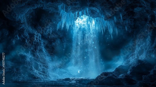 Icicle-filled ice cave opening to snowy forest landscape 