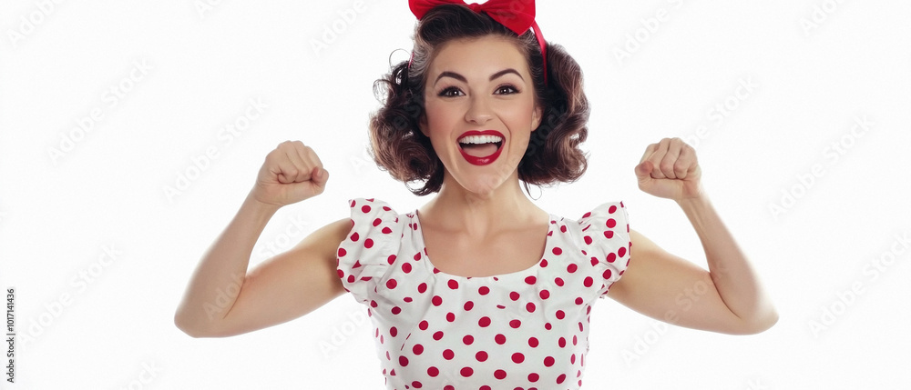 A woman with a red bow in her hair is smiling and showing off her muscles. She is wearing a polka dot dress and has red lipstick A woman with a red bow in her hair is smiling and showing off her muscles. She is wearing a polka dot dress and has red lipstick