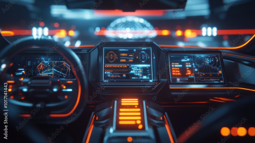 Futuristic Car Interior with Illuminated Dash and Display Screens Futuristic Car Interior with Illuminated Dash and Display Screens