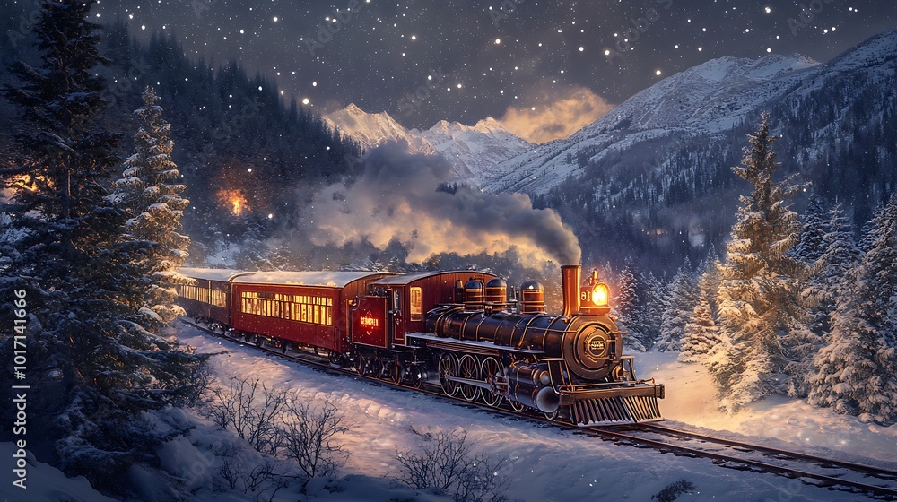 Frosty Winter Train Rolling Down Snow Covered Rails in Beautiful Landscape picture Frosty Winter Train Rolling Down Snow Covered Rails in Beautiful Landscape picture