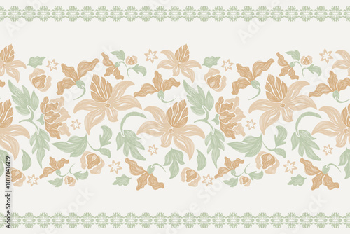 Pattern wallpaper flowers ethnic vintage lotus Chinese Indian embroidery Ikat textured design vector illustration. Orange floral on white background bohemian flower tapestry motif damask watercolour. 