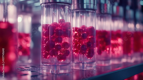 Closeup of Pink Spheres Suspended in Clear Cylinders