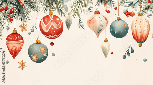 Holiday background. Christmas watercolor balls hanging and with copy space for text. Hand painted watercolor iluustration photo