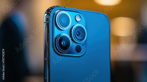 Close-up of a Blue Smartphone Camera System with Multiple Lenses photo