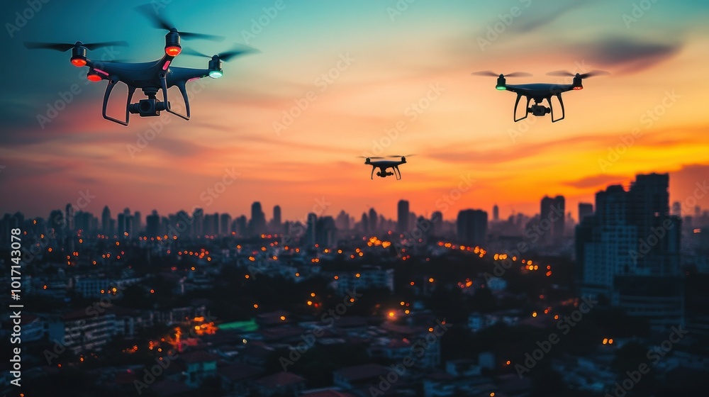 Drones Flying Over a City at Sunset Drones Flying Over a City at Sunset