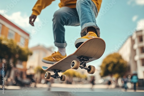 Skateboarder Mid-Air, Yellow Sneakers, Urban Background