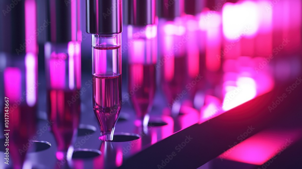 Close-up of a Pink Liquid Dropping into a Test Tube Rack Close-up of a Pink Liquid Dropping into a Test Tube Rack