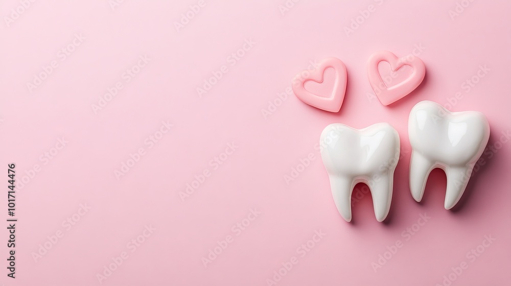 Top view flat lay of two teeth and pink hearts on a pastel pink background, symbolizing oral care with a St. Valentine's Day theme. Top view flat lay of two teeth and pink hearts on a pastel pink background, symbolizing oral care with a St. Valentine's Day theme.