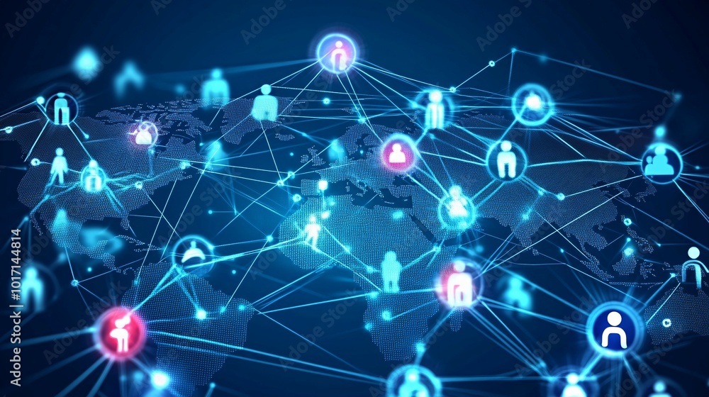 Global Network of Connected People with a World Map Background
