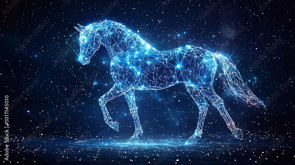 A luminous horse made of glowing lines like constellations, representing strength and freedom, set against a starry cosmic background in a digital art style. A luminous horse made of glowing lines like constellations, representing strength and freedom, set against a starry cosmic background in a digital art style.
