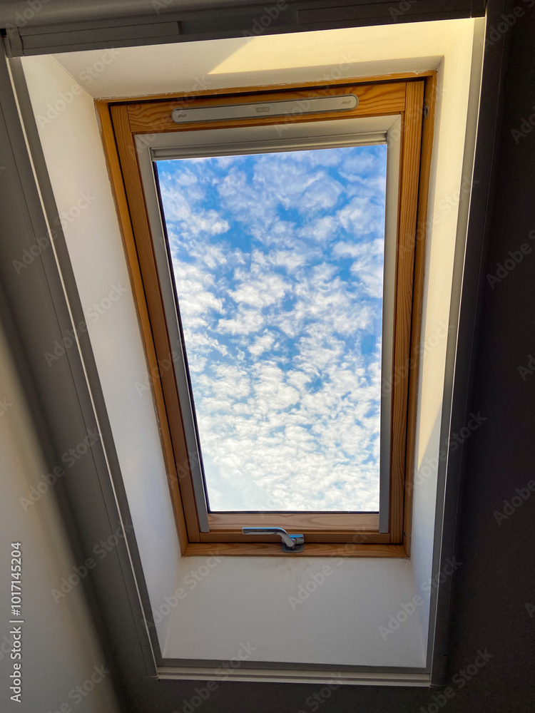 Clear sky view through a skylight reveals a vibrant array of clouds, offering a serene glimpse of outdoors. Wooden frame adds warmth and contrast to the bright blue sky Clear sky view through a skylight reveals a vibrant array of clouds, offering a serene glimpse of outdoors. Wooden frame adds warmth and contrast to the bright blue sky