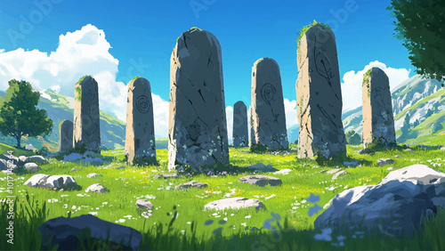 Standing Stones in the Field Cartoon Illustration Featuring Ancient Monuments Scenic Landscape Mystical Vibe Historical Elements Creative and Engaging Artwork for All Ages