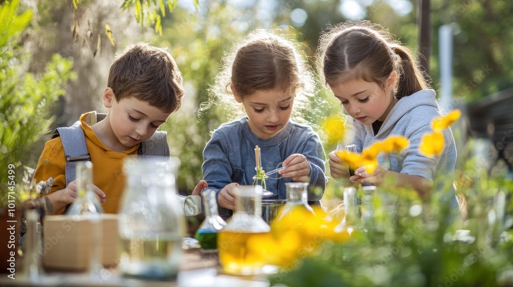 Children participating in a science experiment outdoors, learning and discovering together Children participating in a science experiment outdoors, learning and discovering together