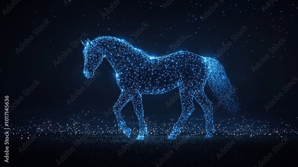 A luminescent blue light shapes a walking horse figure in an abstract style, providing a fusion of real and unreal, bursting with imagination and movement. A luminescent blue light shapes a walking horse figure in an abstract style, providing a fusion of real and unreal, bursting with imagination and movement.
