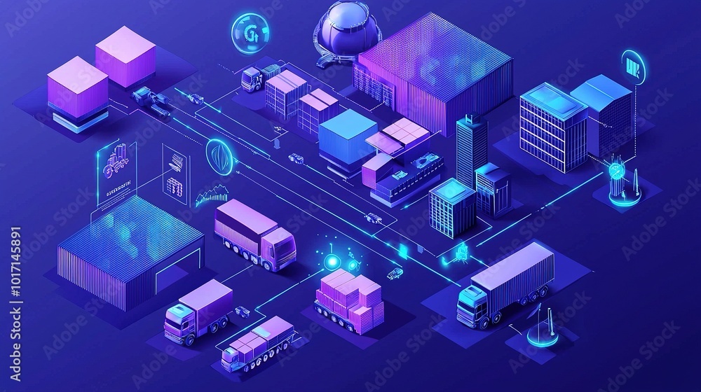 A vibrant digital illustration showcasing a networked industrial environment with trucks, buildings, and glowing data connections. A vibrant digital illustration showcasing a networked industrial environment with trucks, buildings, and glowing data connections.