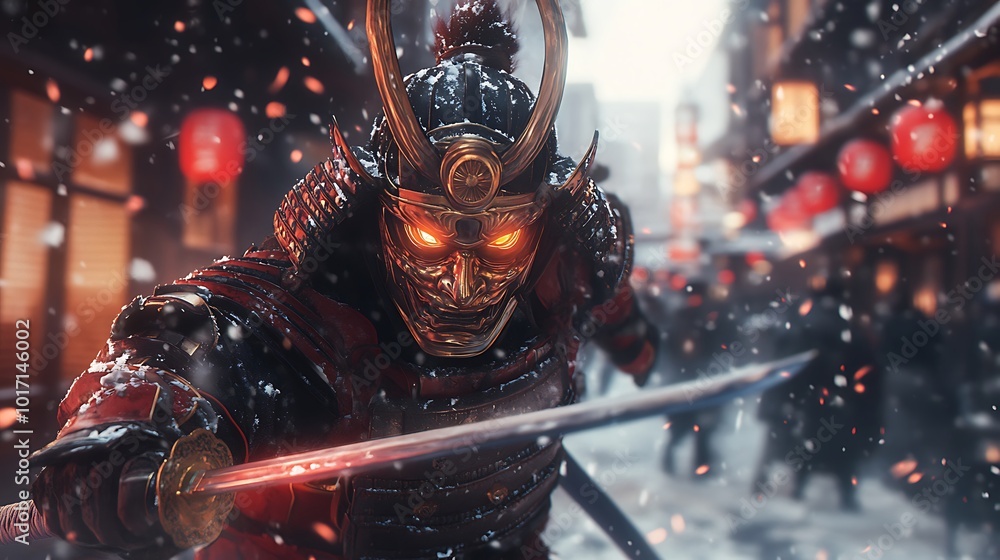 Fototapeta premium Intimidating Samurai With Horned Helmet Holding Sword In Combat Pose Image