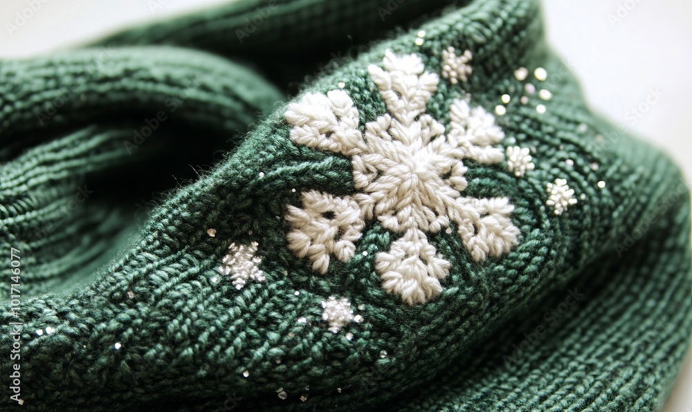 Fototapeta premium A green knit scarf with a snowflake on it