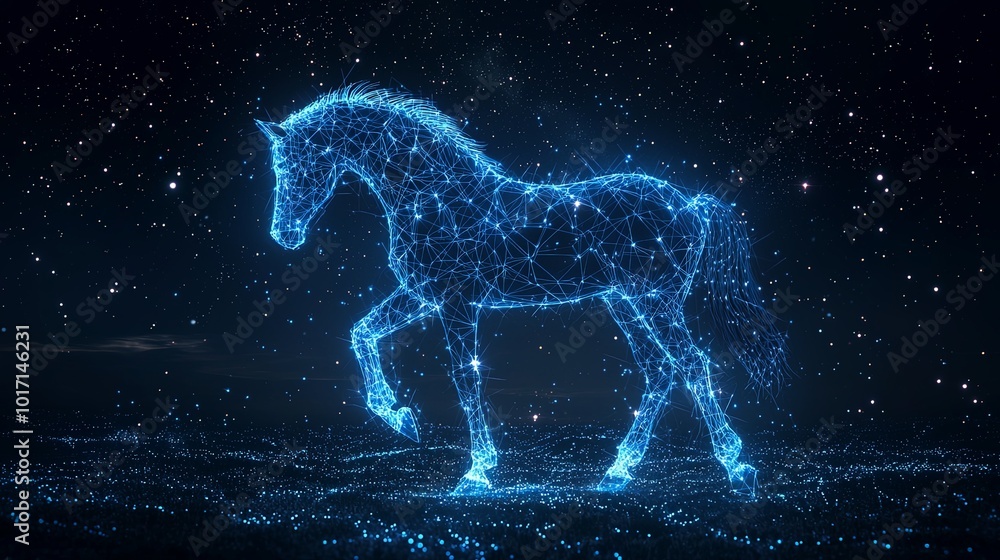 A stunning horse outlined by luminous constellations gallops across a cosmic expanse, symbolizing both boundless energy and otherworldly presence. A stunning horse outlined by luminous constellations gallops across a cosmic expanse, symbolizing both boundless energy and otherworldly presence.