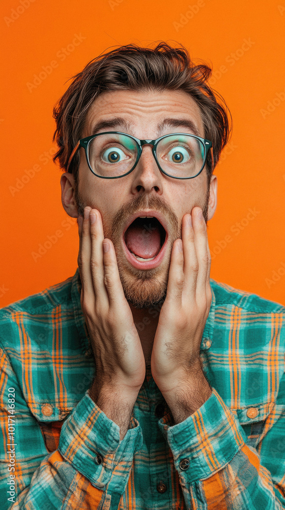 A man with glasses is making a surprised face. He is wearing a plaid shirt and has a beard A man with glasses is making a surprised face. He is wearing a plaid shirt and has a beard
