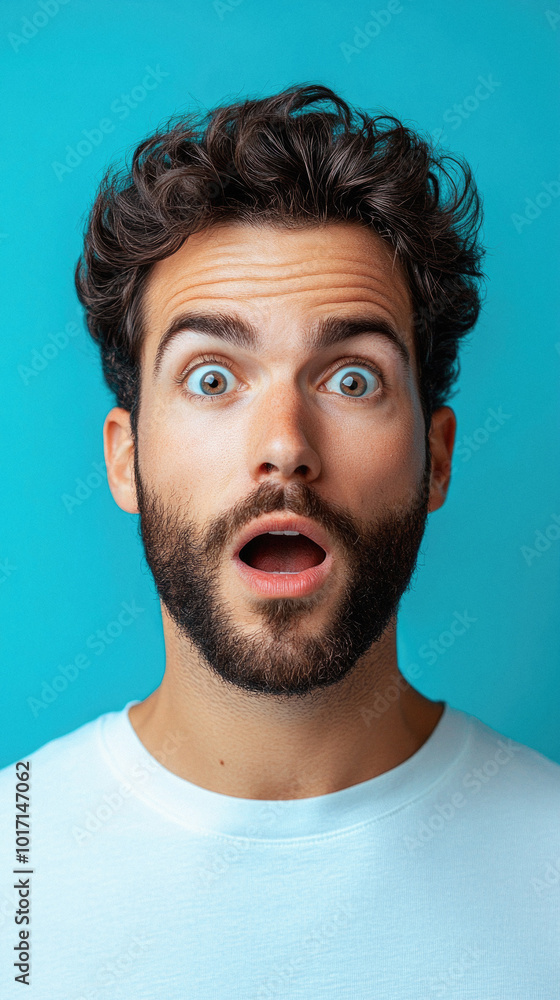 Fototapeta premium A man with a beard and a surprised expression on his face. The image has a blue background
