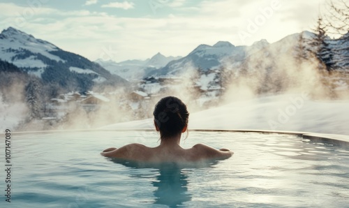 A woman enjoys a hot bath in a pool at a spa retreat with steam around her, against a backdrop of snowy mountains in winter