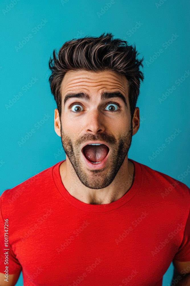 A man with a red shirt and a beard is making a surprised face. The image has a bright and cheerful mood, as the man's expression is full of excitement and joy A man with a red shirt and a beard is making a surprised face. The image has a bright and cheerful mood, as the man's expression is full of excitement and joy