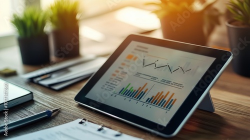 A close-up of a tablet displaying a startup growth graph, placed on a stylish wooden desk with design materials nearby